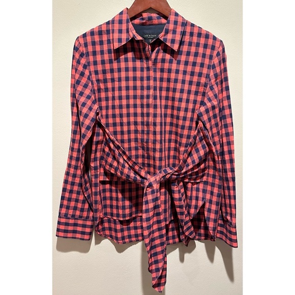 rag & bone Women’s Wendy Gingham Tie- Front Long Sleeve Size Medium -Pink & Blue - Picture 1 of 7